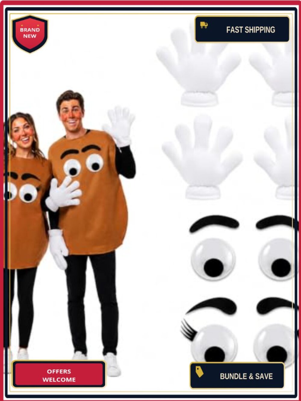Halloween Potato Couple Cosplay Costume Gloves 2 Pairs Jumbo White Adult